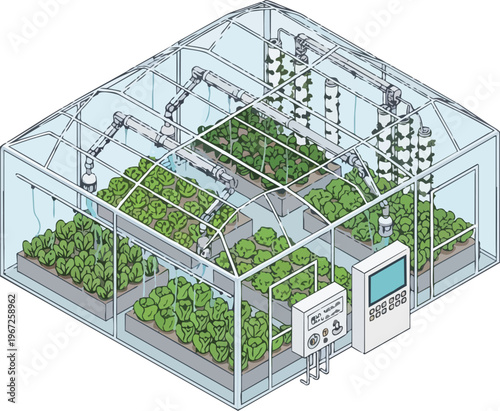 Smart Automated Greenhouse with Robotic Irrigation and Control System Isometric Illustration