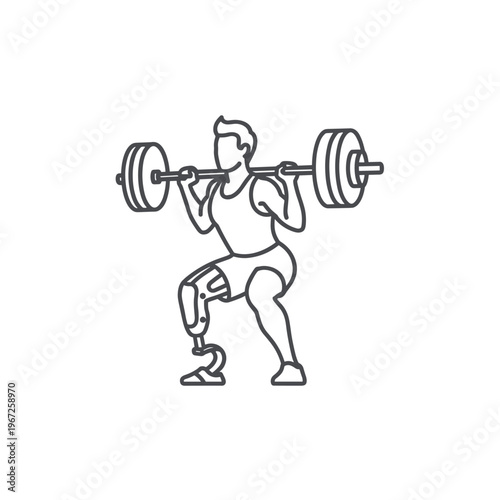 Inclusive athlete with prosthetic leg doing barbell squat line vector icon