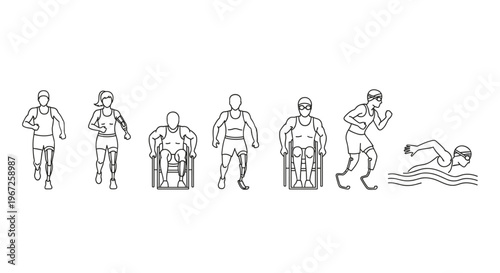 Inclusive para athletes sports activities set line vector icon collection