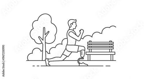 Inclusive athlete with prosthetic leg doing lunge exercise in park line vector icon