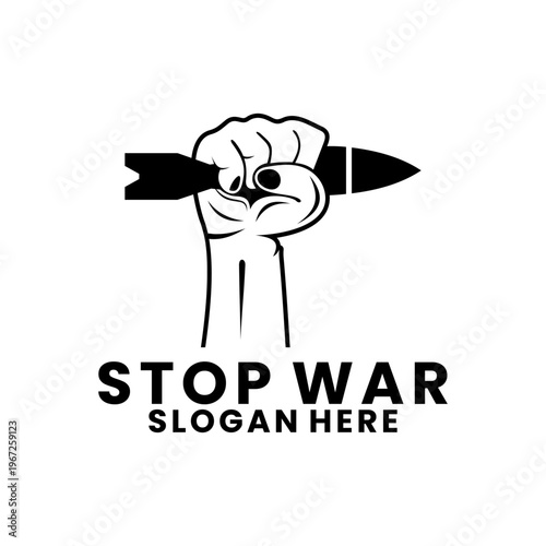 Anti-War Protest Fist Holding Bullet Peace Logo Vector Template. Stop War Rocket Launch and Explosion Vector Logo Design