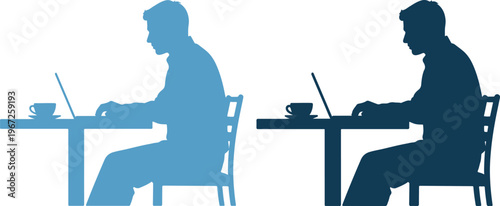 Silhouettes of two people working on laptops at separate tables in office setting