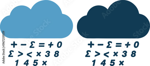 Mathematical equations on blue clouds with plus minus equal signs