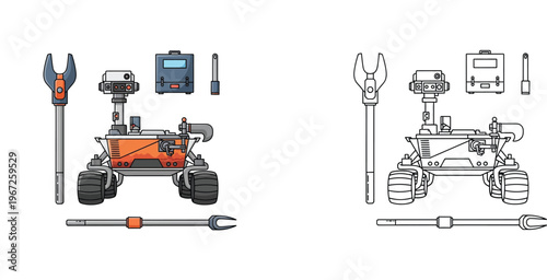 Mars rover exploration vehicle with scientific tools and equipment. Colored and black and white outline vector illustrations for space, technology, and astronomy design.