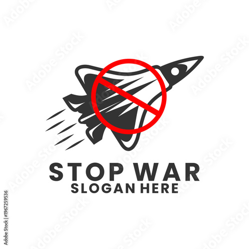 Stop War Fighter Jet Icon with No Symbol for Peace Message. Anti War Logo Design with Fighter Jet and Prohibited Sign