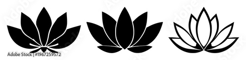 Lotus flower icon set with solid black outline on white background featuring mindfulness, meditation, minimal line art with simplicity and clarity