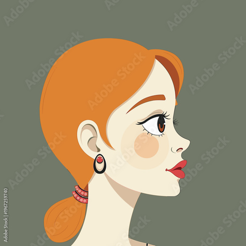 redheaded woman profile with vintage accessories for beauty blogs, fashion websites, jewelry catalogs, retro design projects, social media avatars and lifestyle magazines, with copy space