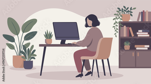 Woman working at a computer in a modern home office with plants
