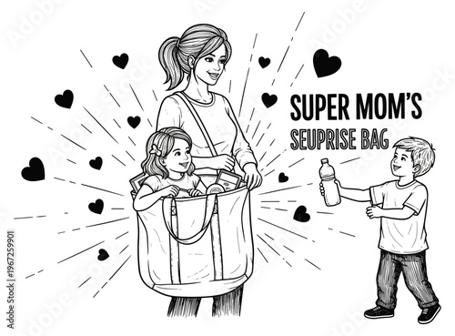 Happy Mother's Day Super Mom Surprise Bag – Hand-Drawn Black and White Vector Illustration of Mom with Kids and Hearts