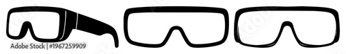 Augmented reality glasses set with solid black vector icon on white background featuring icon, black and white, simple, outline with AR and wearable tech