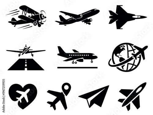 Collection of diverse airplane icons and symbols representing aviation and travel.