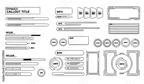 Abstract sci fi UI UX HUD interface templates with callout boxes and data bars black and white futuristic vector set