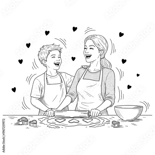 Mom and Son Baking Heart-Shaped Cookies – Mother's Day Hand-Drawn Black and White Vector Illustration with Rolling Pin and Hearts