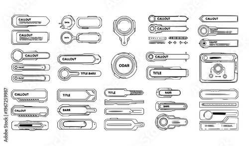 Futuristic HUD UI UX interface elements set black and white sci fi callout frames and data boxes 3D vector templates