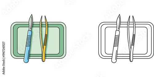 Surgical instruments set including scalpel and tweezers on a sterile tray. Colored and black and white outline vector illustrations for medical, laboratory, and science research design.