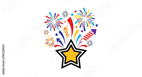 Colorful Star with Fireworks Exploding.