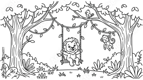 Cute lion cub on swing in jungle with monkey and bird illustration.