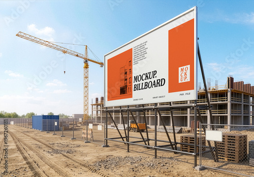 Building Construction Site Billboard Mockup. Development Business Advertising Display Template. Right Angle Of View