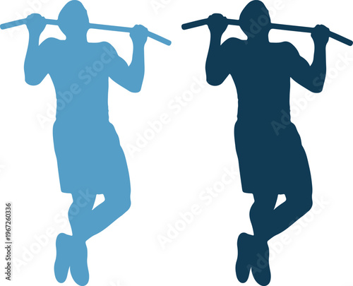 Two silhouetted people exercising with barbell