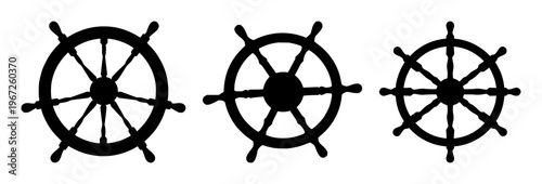 Cruise ship steering wheel icon set with solid black design on white background featuring maritime, navigation, ship with black and white and vector