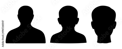 Solid black icon, white background: user profile avatar icon set with simple line art design featuring outline, illustration, graphic elements with clean design and vector art