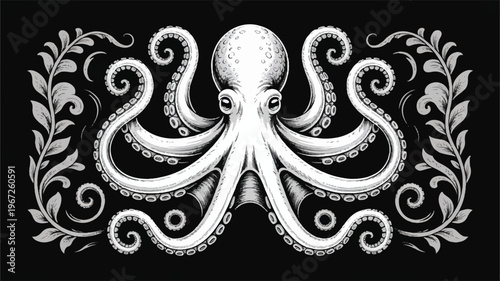 An octopus illustration features tentacles surrounded by leaves on a black background