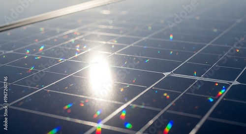 Close-up of solar panels reflecting sunlight with rainbow prism effects