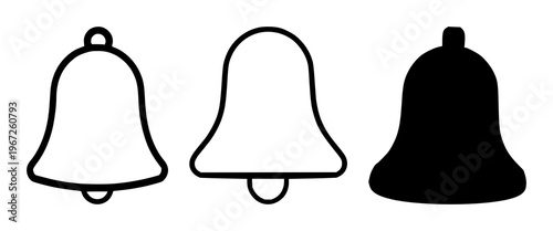 Solid black icon, white background: notification bell icon set with simple line art design featuring sketches, drawings, vector graphics with minimalist and simple illustrations