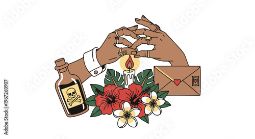 American Traditional Tattoo Style Poison Bottle with Skull and Flowers