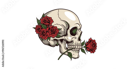 American Traditional Tattoo Style Skull with Roses and a Single Rose in Mouth