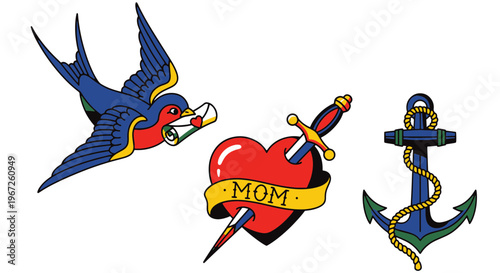 American Traditional Tattoo Art of a Swallows Heart with Dagger and Anchor