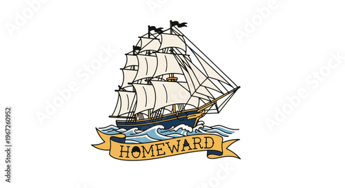 American Traditional Tattoo Vintage Sailing Ship Homeward Bound on Wavy Ocean