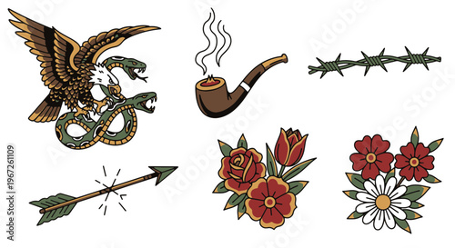 American Traditional Tattoo Set Eagle Snake Arrow Pipe Flowers Barbwire