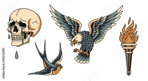 American Traditional Tattoo Style Eagle Skull Swallow Torch