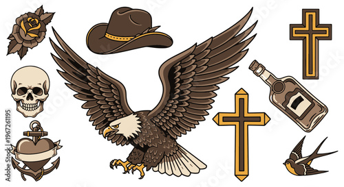 American Traditional Tattoo Style Eagle Skull Rose Anchor Cross Whiskey Bottle