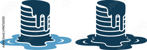 Two navy blue cylindrical buildings sinking in water