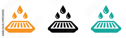 A set of vibrant icons featuring a grill with sizzling meat and water drops, perfect for cooking and food-related projects