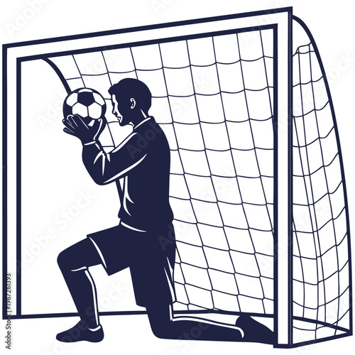 Silhouette of a goalkeeper kneeling in front of a goal net holding a soccer ball