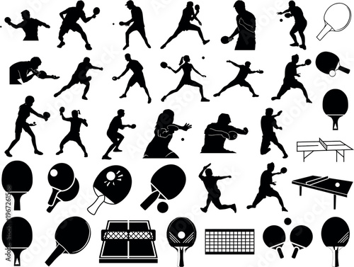 Collection of Silhouettes Representing Table Tennis Players and Equipment.