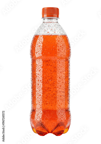 A sleek clear plastic bottle with vibrant orange soft drink and condensation, isolated on a white background with copy space. Concept for beverage advertising