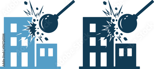 Vector illustration of buildings being demolished with a wrecking ball