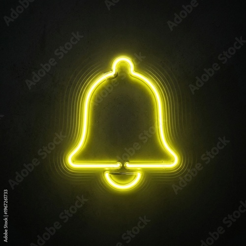 Neon yellow bell sign glowing on dark background  