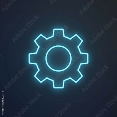 Neon blue gear icon on dark background for technology themes  