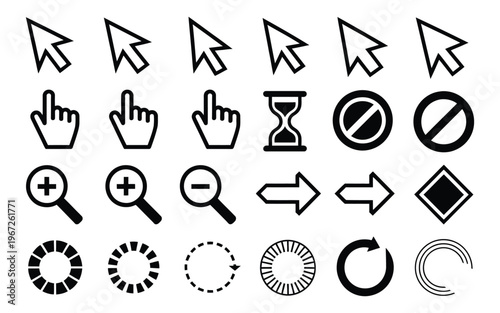 cursor and pointer doodle icons, line arrows and hand symbols for web  software and app interface, hand drawn outline icons for click mouse actions loading move resize vector set.