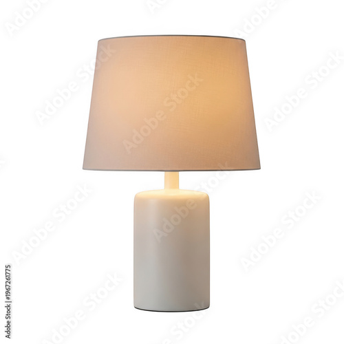 Elegant white table lamp with cylindrical base and beige linen shade isolated on transparent background