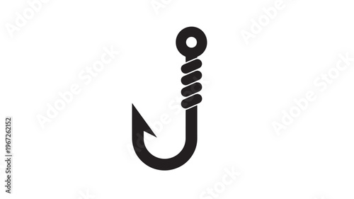 Fishing hook icon with rope detail and eyelet for line attachment, presented in bold black silhouette against a clean white background for clear