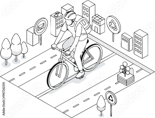 Isometric Line Art of a Courier Cyclist Delivering Mail in a Sustainable City, Eco-Friendly Urban Transportation and Green Energy Concept Vector