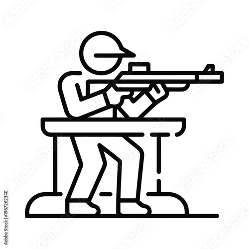 Sport shooting range practice vector outline icon featuring a shooter aiming a rifle.