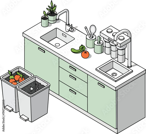Modern Sustainable Kitchen Isometric Illustration with Water Filtration System and Waste Sorting Bins for Eco-Friendly Home Design