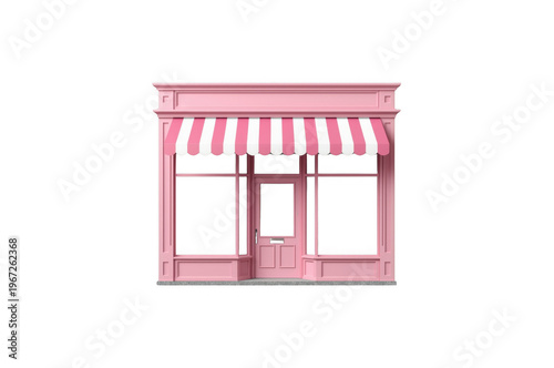 Pink shop building facade with striped awning